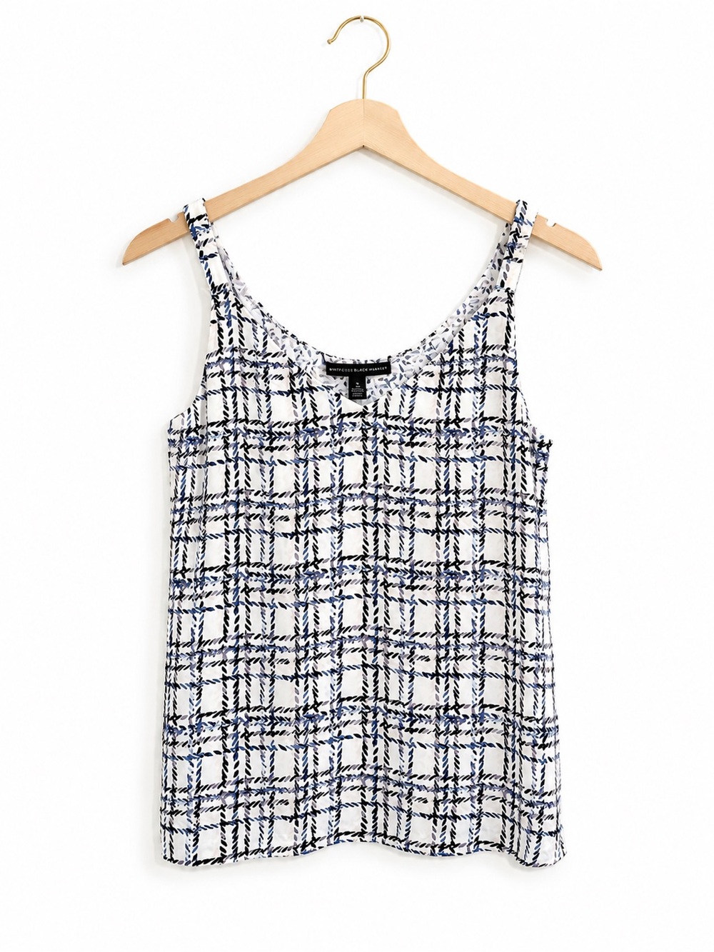 White House Black Market Small Abstract Print Sleeveless Blouse Blue Ivory Lined